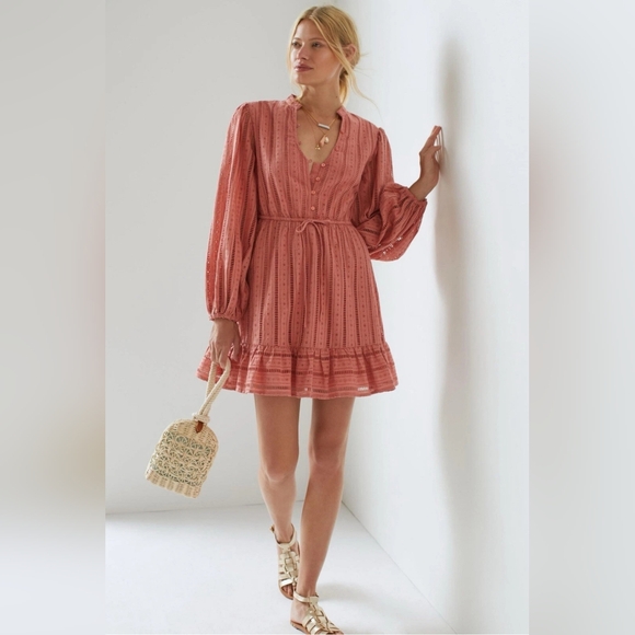 Forever That Girl Anthropologie Dark Orange Eyelet Lace‎ Long Sleeve Dress - Picture 1 of 9